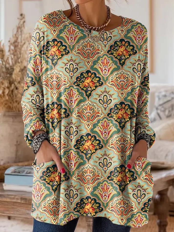 Women's Vintage Ethnic Floral Pattern Art Print Casual Long-sleeve T-shirt