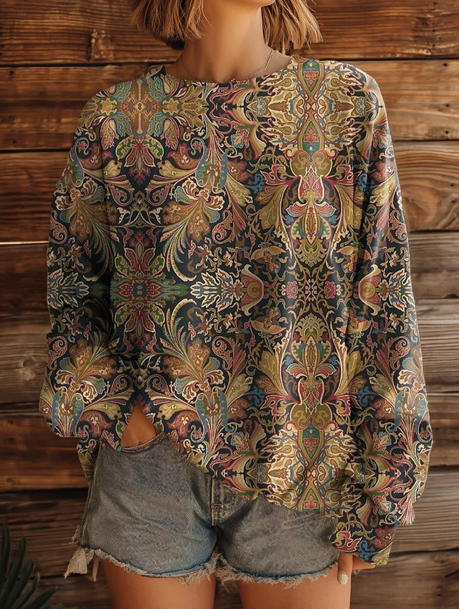 Women's Retro Ethnic Totem Pattern Print Casual Crew Neck Sweatshirt