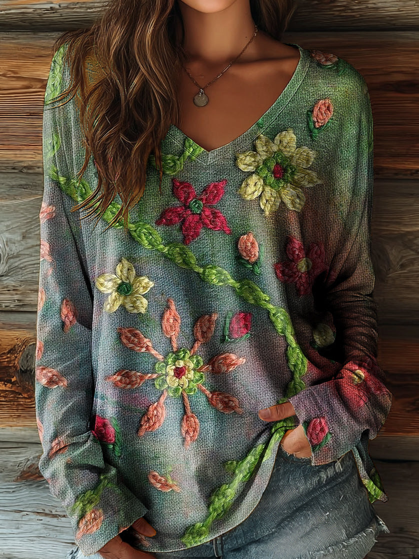 Women's Vintage Ethnic Floral Art Pattern Print Casual V-neck Long Sleeve T-shirt