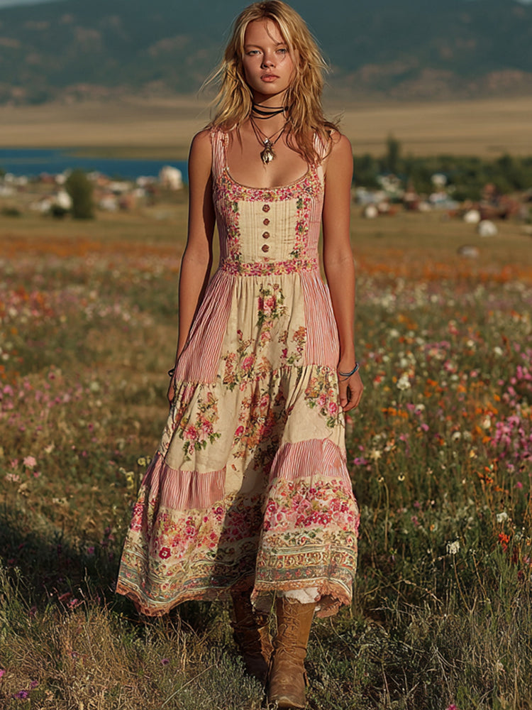Vintage Pink Floral Patchwork Linen Tank Midi Dress
