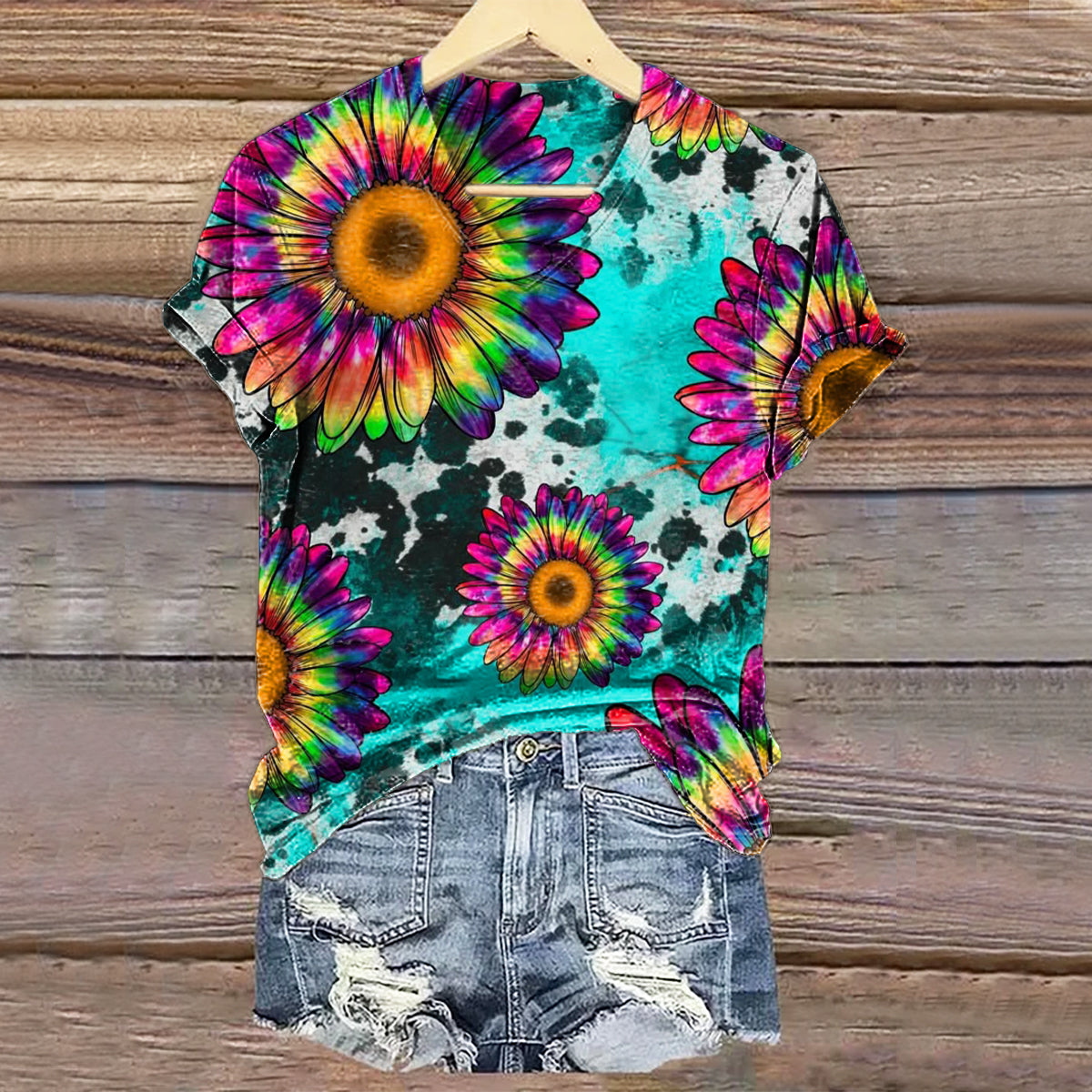 Women's Hippie Tie Dye Floral Art Print V-neck Casual T-Shirt