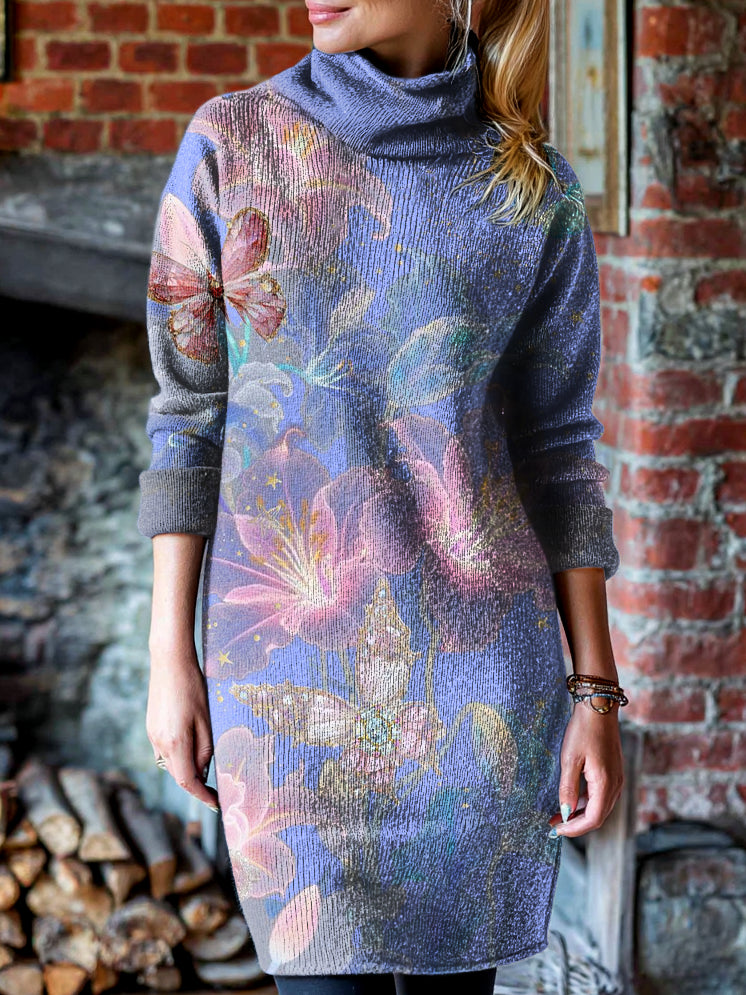 Women's Vintage Blue Floral Art Print Cover-up High-neck Knit Dress