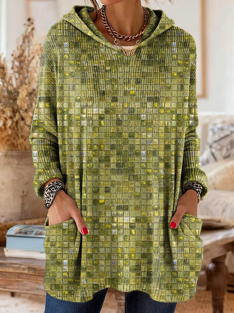 Women's Vintage Green Geometric Collage Art Prints Casual Knit With Pockets Hooded Top