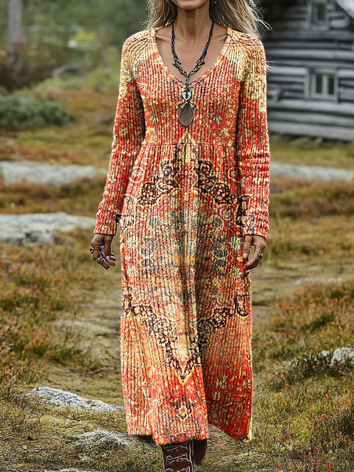 Women's Retro Ethnic Art Print Casual Long-Sleeve V-Neck Cotton Knit Dress