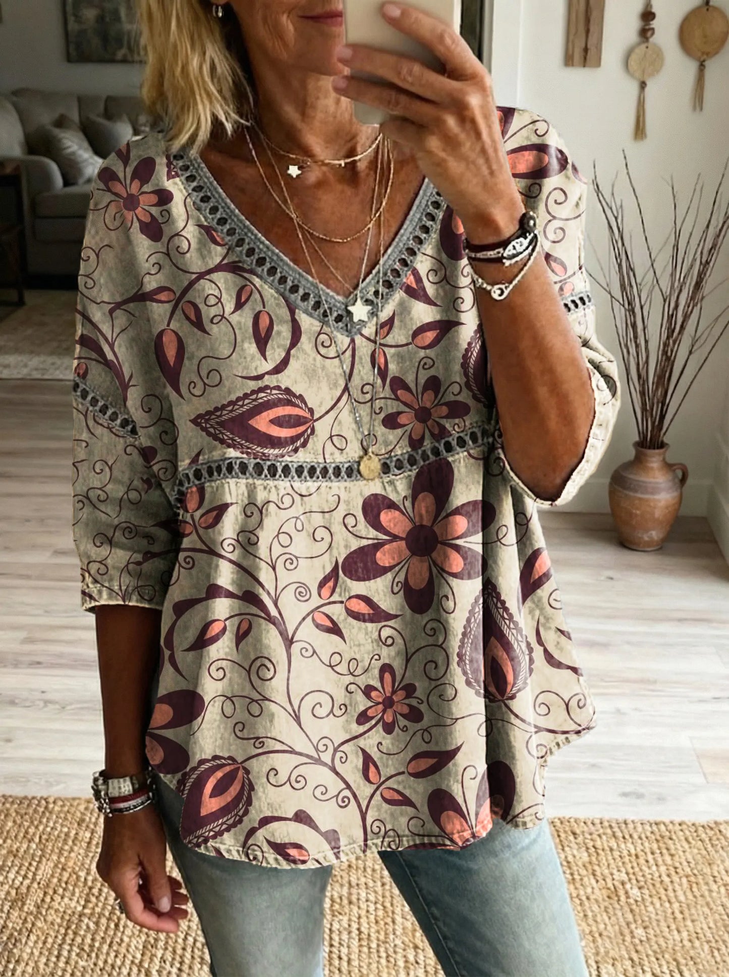 Women's Floral Pattern Art Print Casual V-neck Lace-up Top