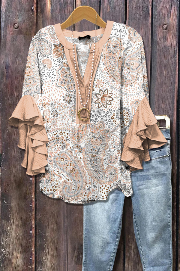 Elegant Paisley Print Ruffle Sleeve Top