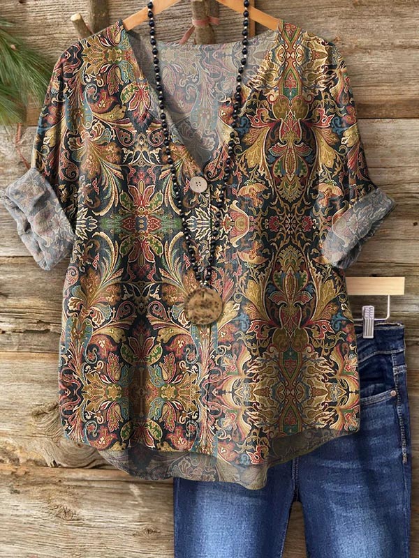 Women's Retro Ethnic Totem Art Print Casual Cotton Linen Shirt