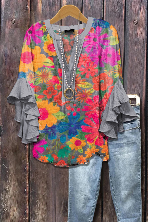 Elegant Boho Floral Print Ruffle Sleeve Top