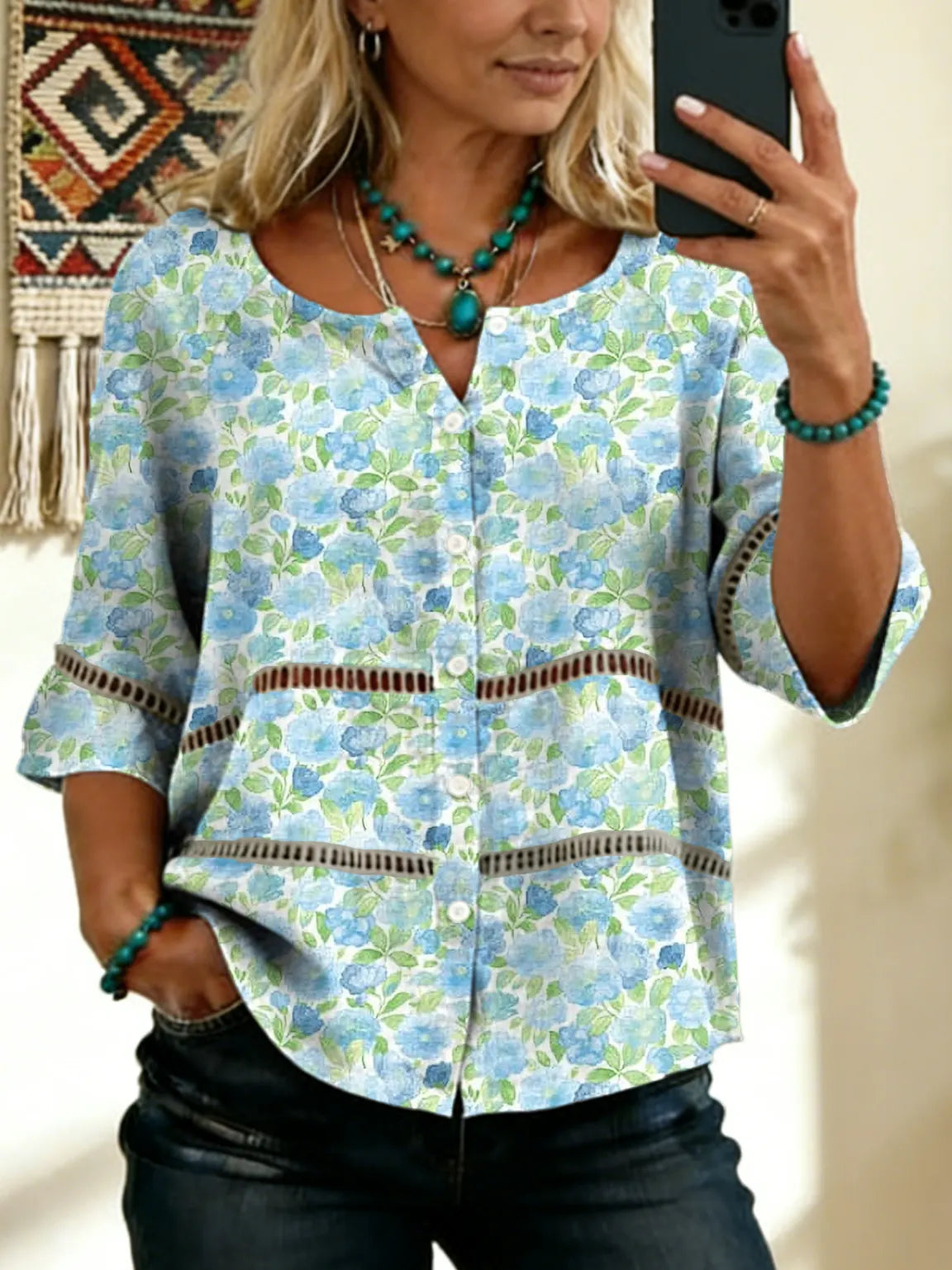 Women's Vintage Floral Art Print Tie-front Button-up Short-sleeve Shirt