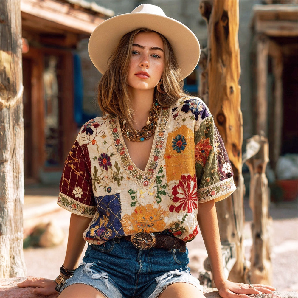 Western Vintage Boho Floral Embroidery Women's Linen V-neck T-shirt 1