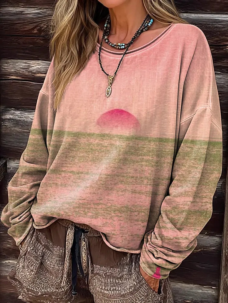 Women's Retro Pink Sunrise Art Print Casual Long Sleeve T-shirt