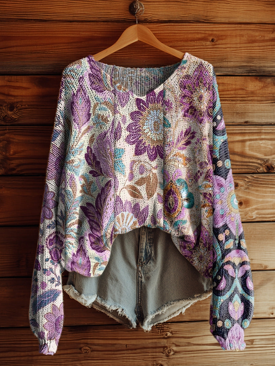 Women's Vintage Folk Art Floral Pattern Print Casual V Neck Pullover Sweater