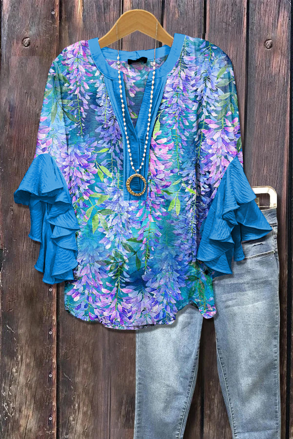 Elegant Botanical Print Ruffle Sleeve Top