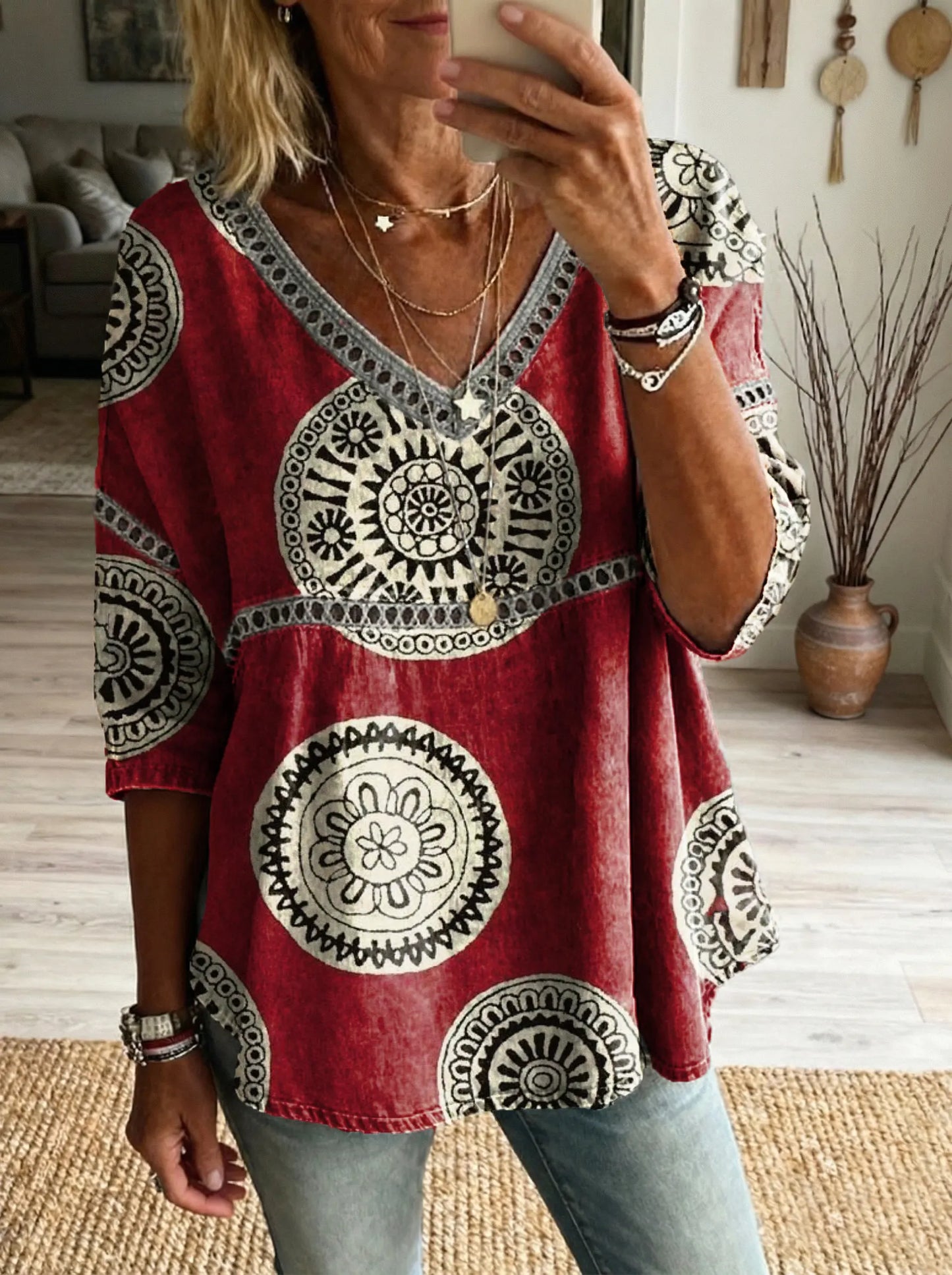 Women's Vintage Ethnic Pattern Art Print Casual V-neck Lace-up Top