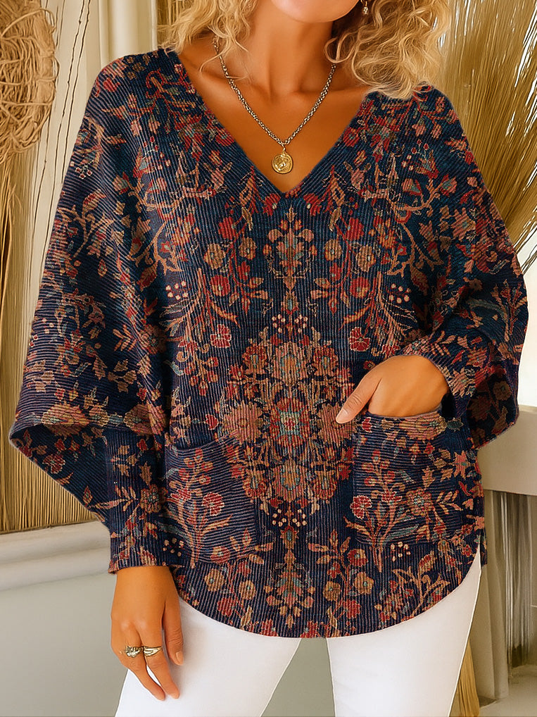 Retro Ethnic Floral Art Print V-neck Pocket Knit Sweater