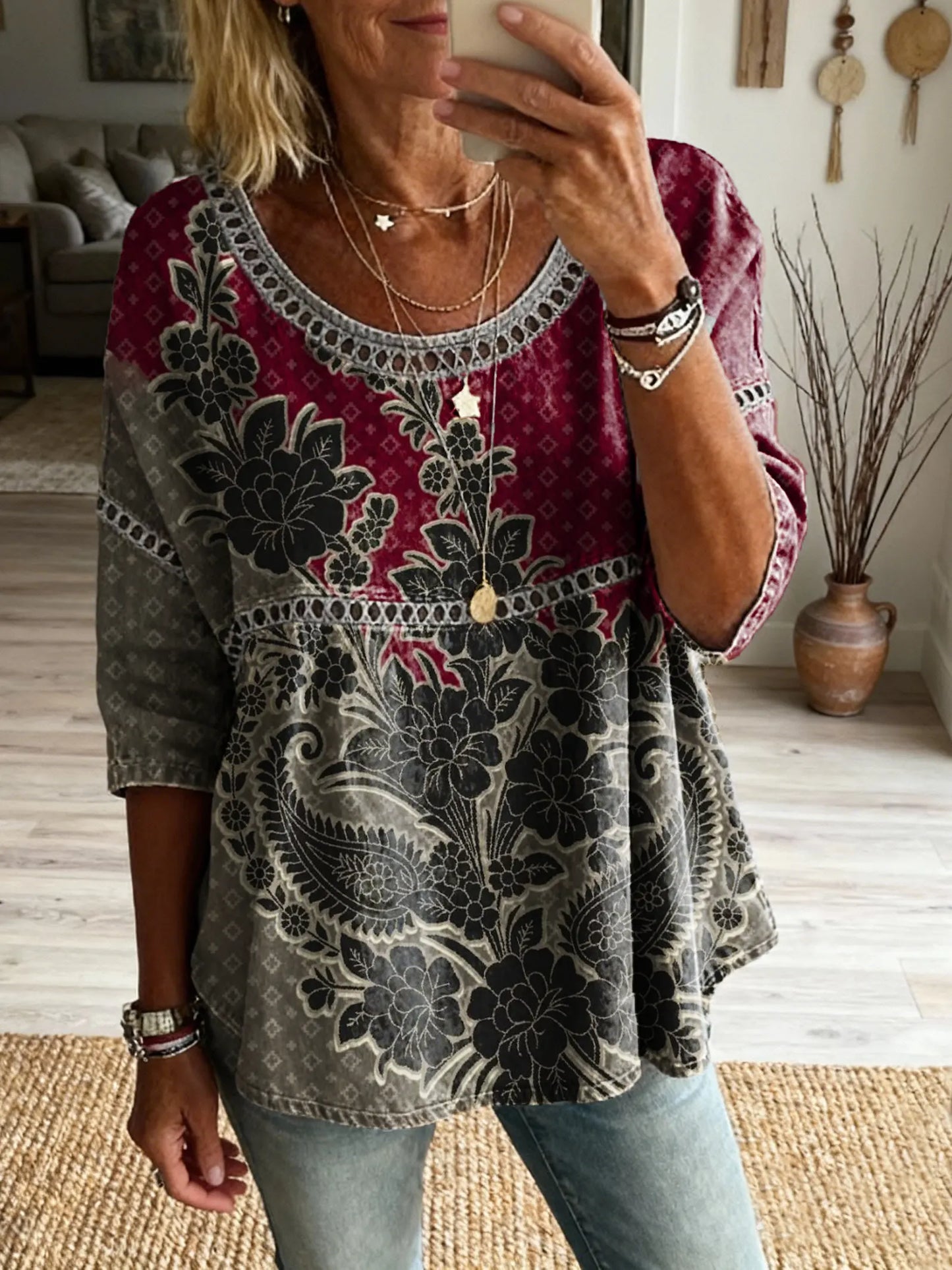 Women's Floral Pattern Art Print Casual Round Neck Lace-up Top