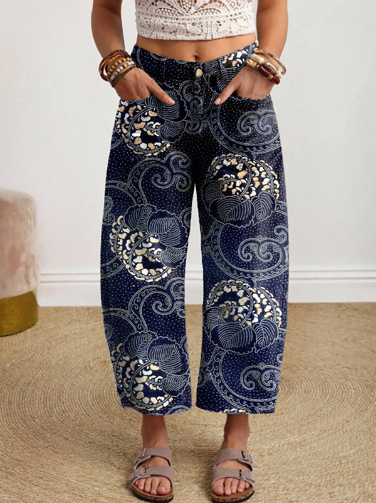 Women's Vintage Ethnic Blue Floral Art Print Casual Jeans