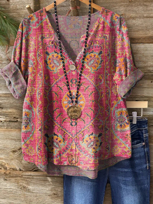 Women's Colorful Retro Totem Art Print Casual Cotton Linen Shirt