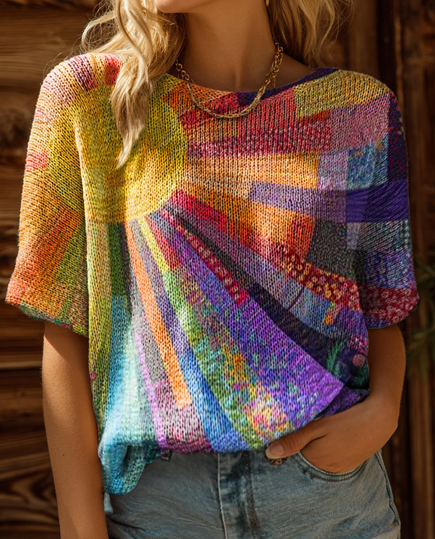 Women's Colorful Sun Collage Art Print Casual Crew Neck Short Sleeve Knitted Sweater