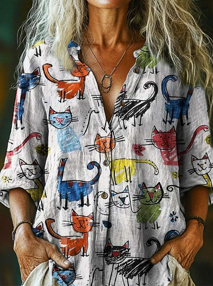 Women's Cute Animals Print Casual Cotton Linen Shirt