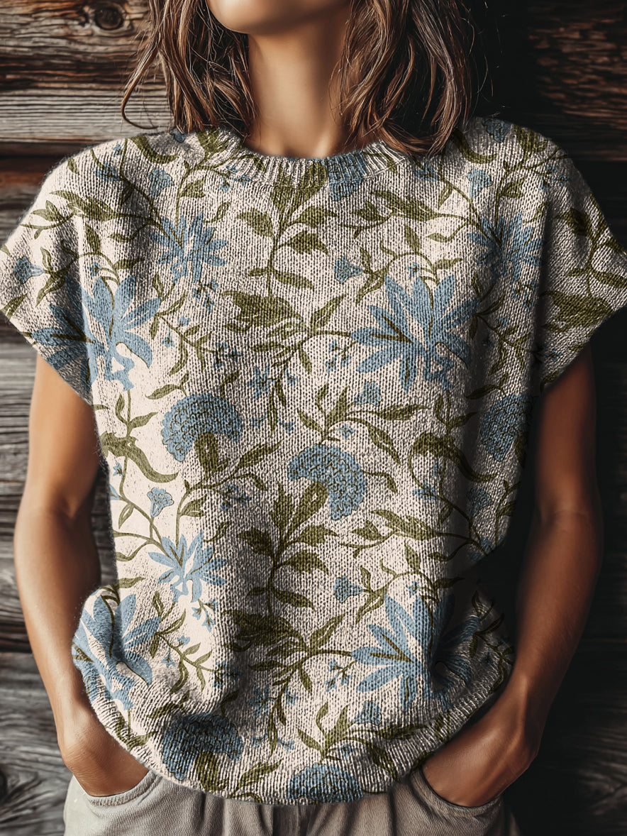 Women's Vintage Floral Art Print Casual Crew Neck Short Sleeve Knitted Sweater