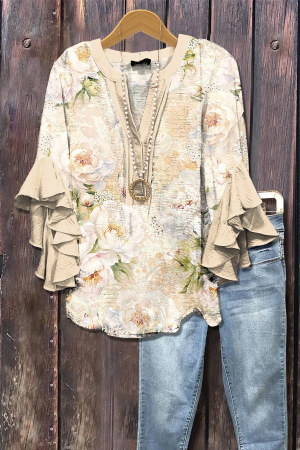Elegant Floral Print Ruffle Sleeve Top