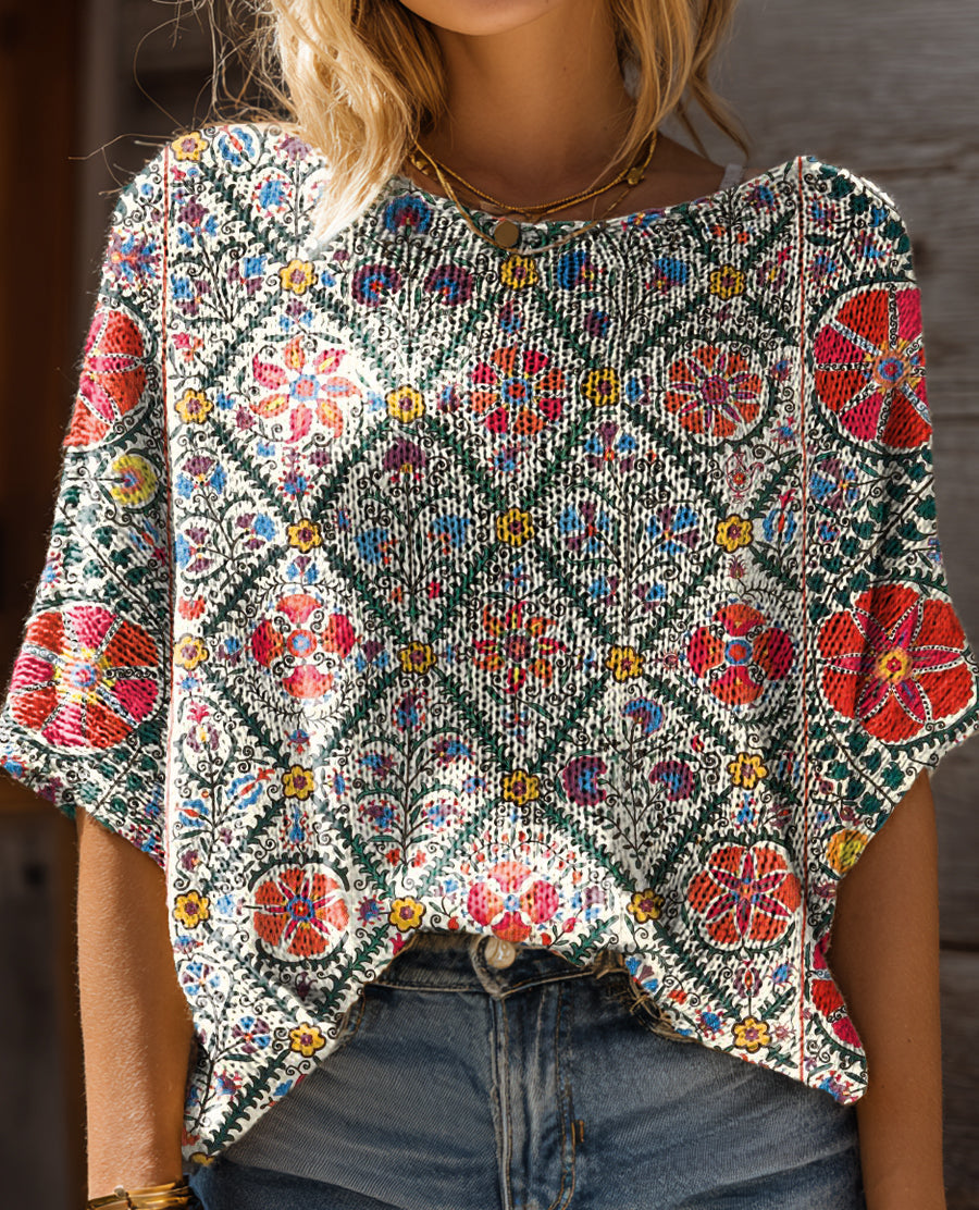 Women's Vintage Ethnic Floral Art Print Casual Short Sleeves Pullover Sweater