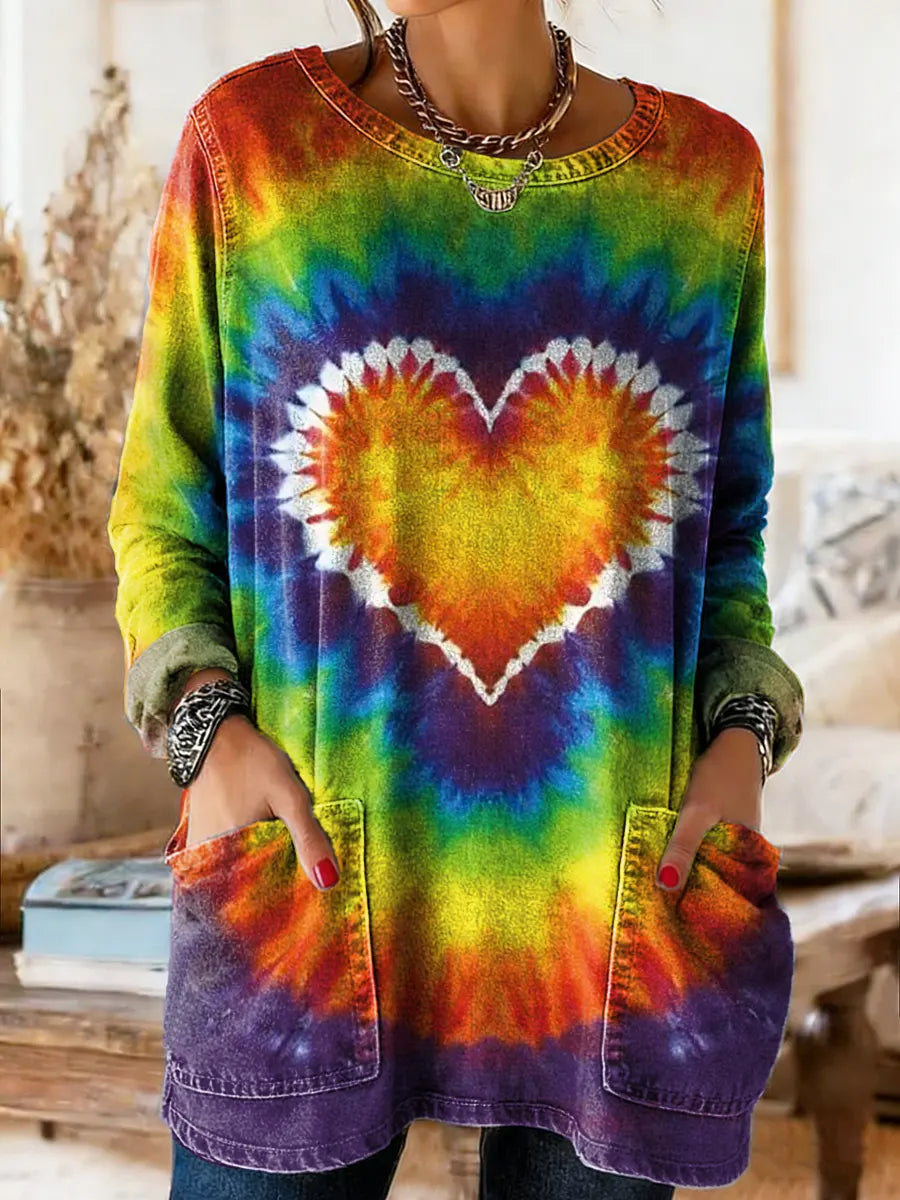 Ethnicity Colorful Love Tie Dye Women's Casual Long-sleeve Crew Neck Pocket Washed Cotton Denim T-shirt