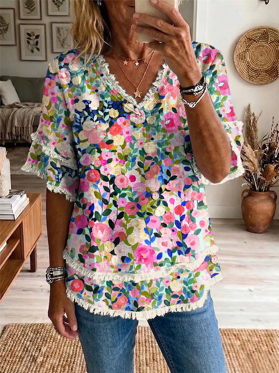 Ethnic Bohemia Flower Women's Art Casual Patchwork V Collar Shirt