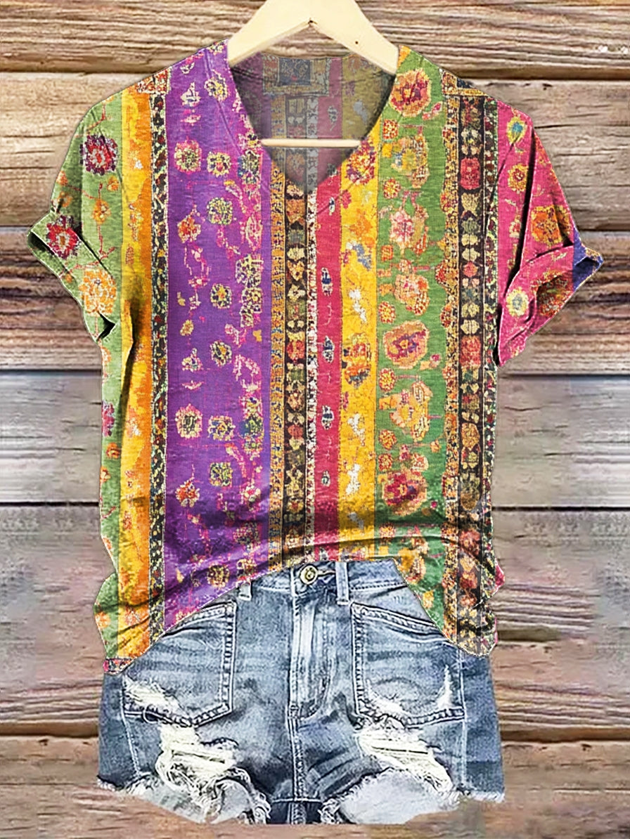 Women's Retro Colorful Ethnic Totem Print Casual V-neck Cotton T-shirt