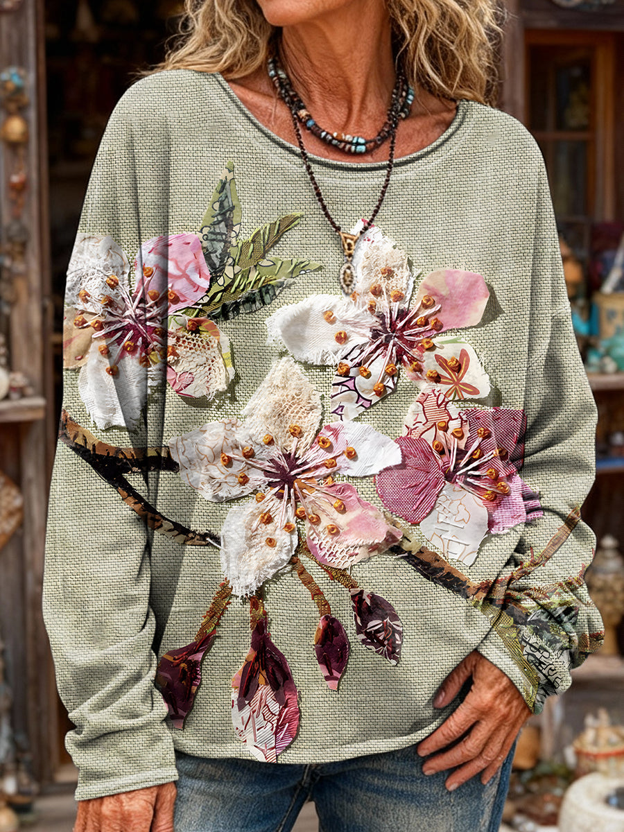 Women's Retro Floral Art Print Casual Long Sleeve Crew Neck T-Shirt