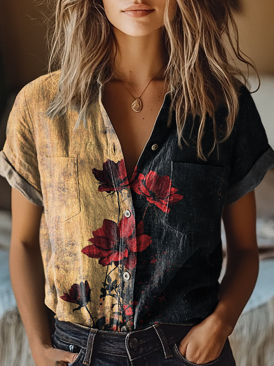Women's Retro Rose Flower Art Print Short Sleeve Pocket Cotton Shirt