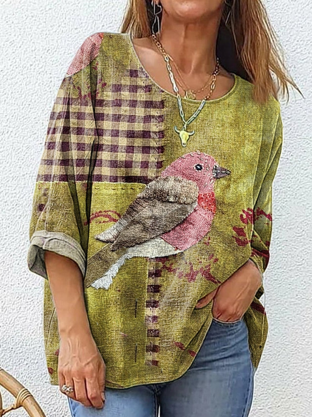 Women's Bird Pattern Art Print Cotton Linen Casual Shirt