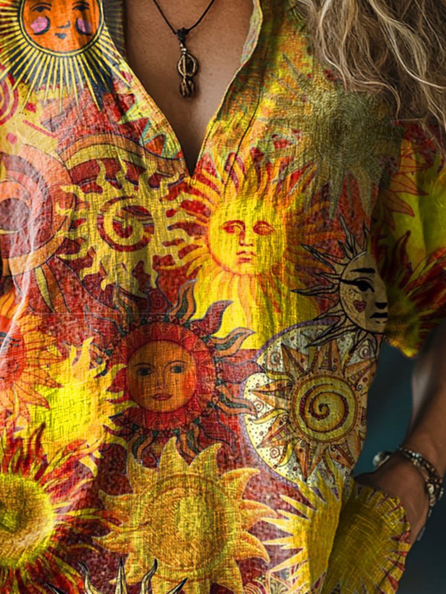 Women's Vintage Lovely Sun Art Print Casual Linen V-neck Shirt