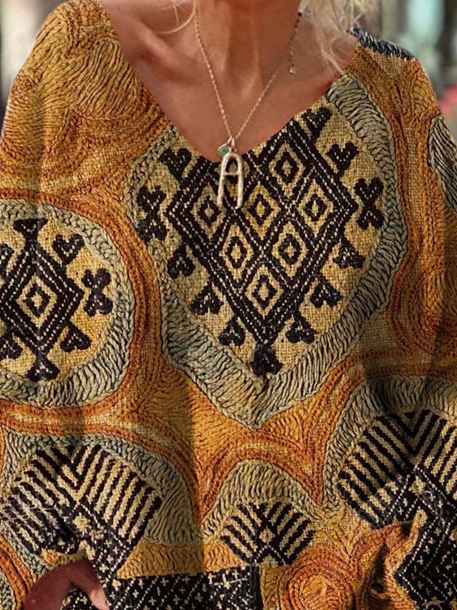 Women's Vintage Abstract Geometric Splicing Pattern Art Print Casual Pullover Sweater