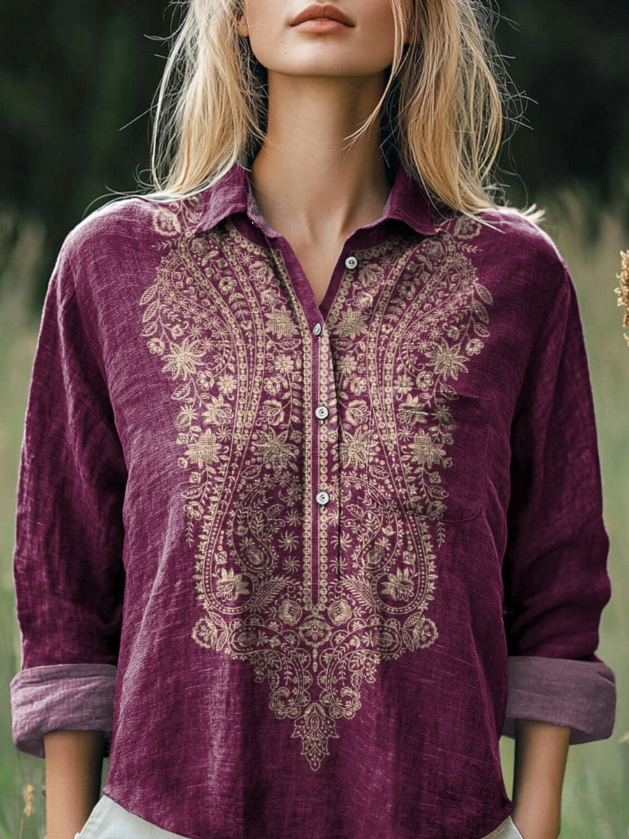 Ethnic Style Floral Pattern Printed Women's Casual Cotton And Linen Shirt