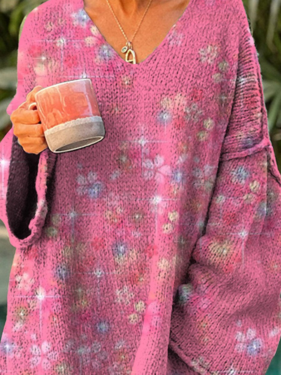 Glitter And Cherry Blossom Art Printed Women's Casual Pullover Sweater