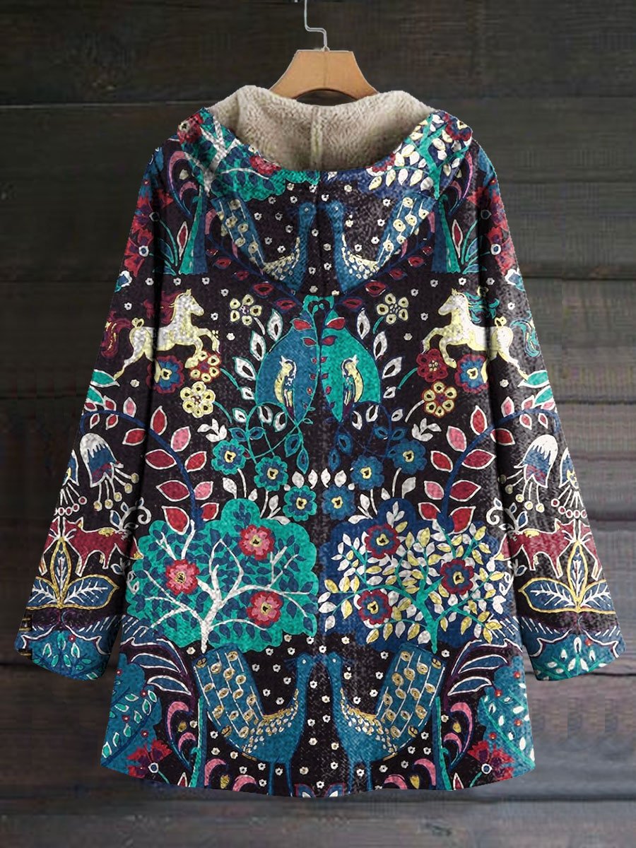 Women's Vintage Forest Animal Art Print Casual Winter Warm Cosy Long Sleeve Fleece Coat
