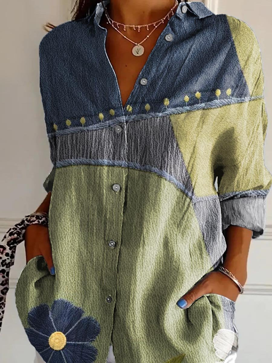 Women's Vintage Flower Pattern Splicing Art Print Casual Cotton Shirt