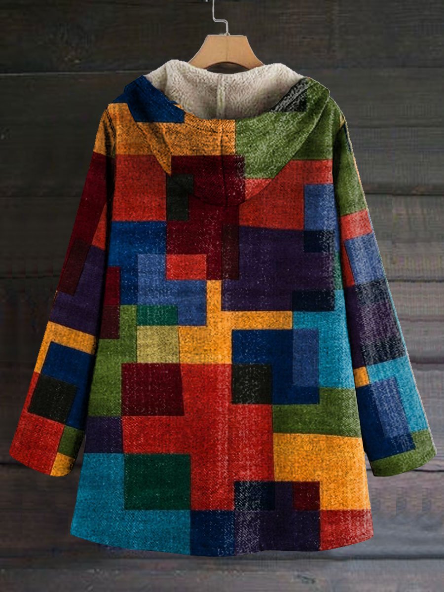 Women's Colour Blocking Art Print Casual Winter Warm Cosy Long Sleeve Fleece Coat