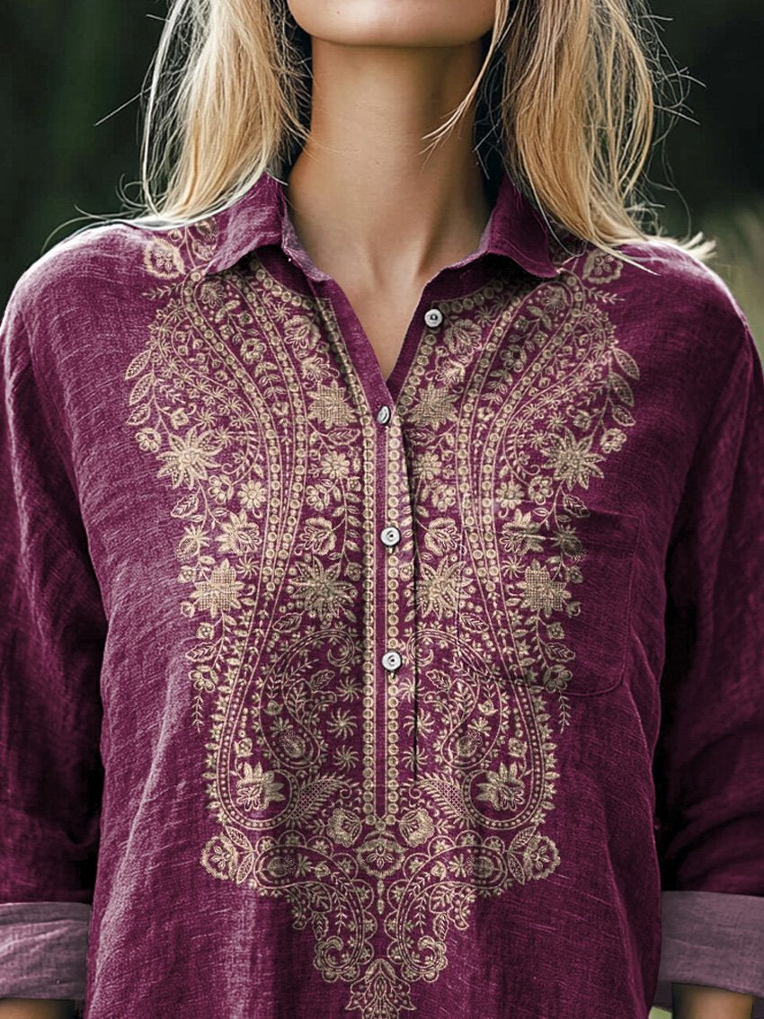 Ethnic Style Floral Pattern Printed Women's Casual Cotton And Linen Shirt