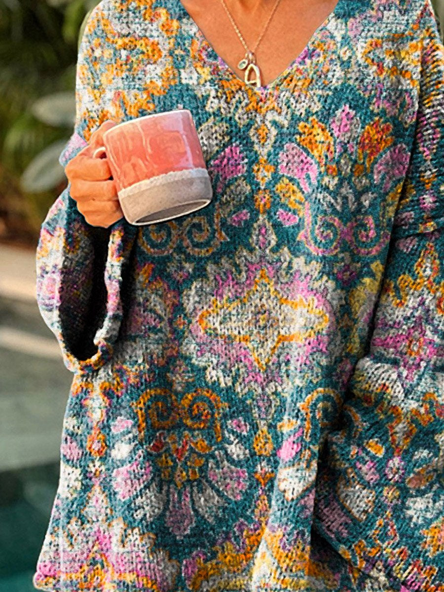 Women's Vintage Lovely Floral Art Print Casual Pullover Sweater