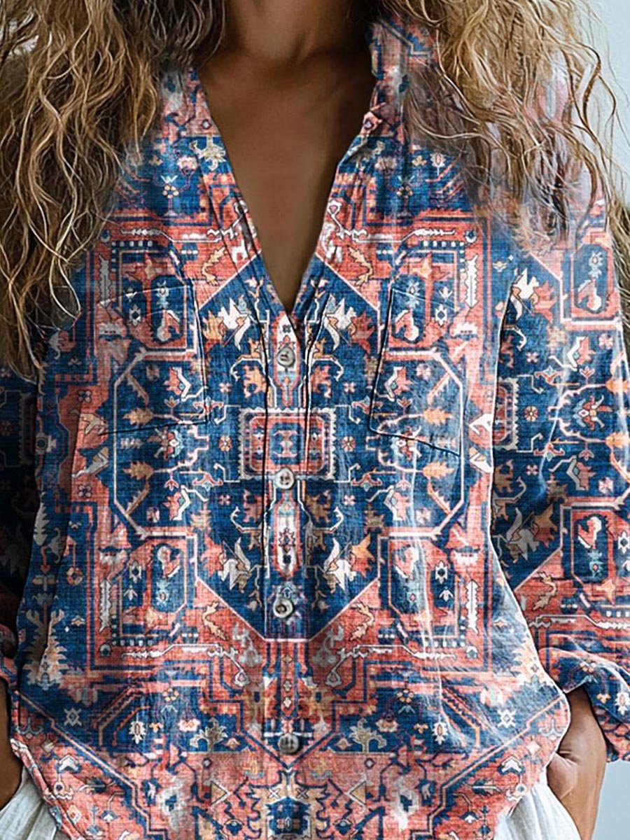 Women's Vintage Ethnic Pattern Art Print Casual Long Sleeve Comfortable Cotton Shirt