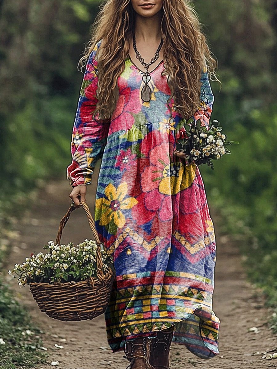 Women's Bright Floral Art Print Pocket Cotton V Neck Long Sleeve Dress