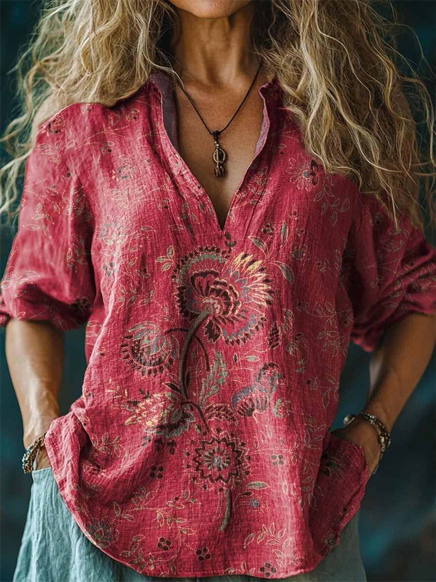 Women s Ethnic Floral Pattern Linen V neck Shirt WAKESECTION women-s-ethnic-floral-pattern-linen-v-neck-shirt-wakesection