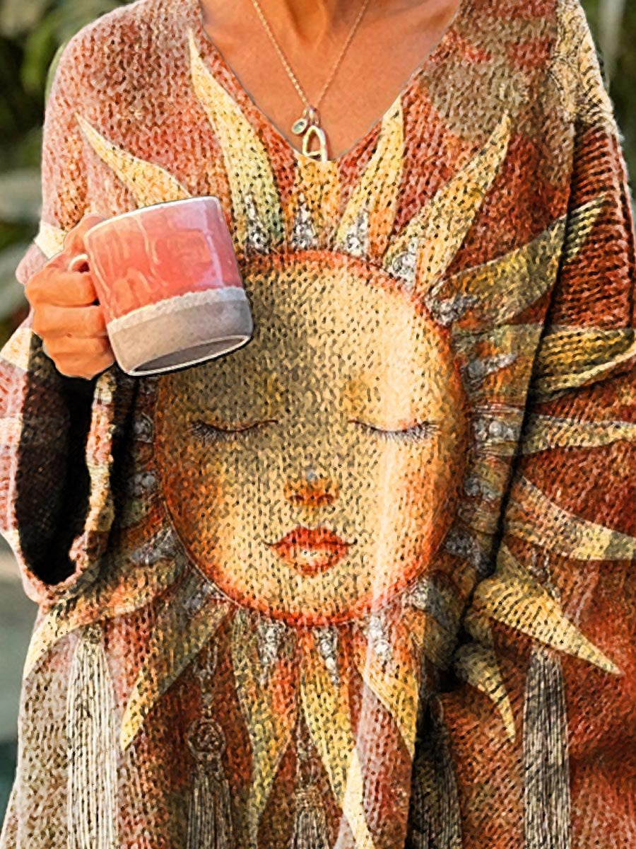 Women's Vintage Sun God Pattern Art Print Casual Pullover Sweater