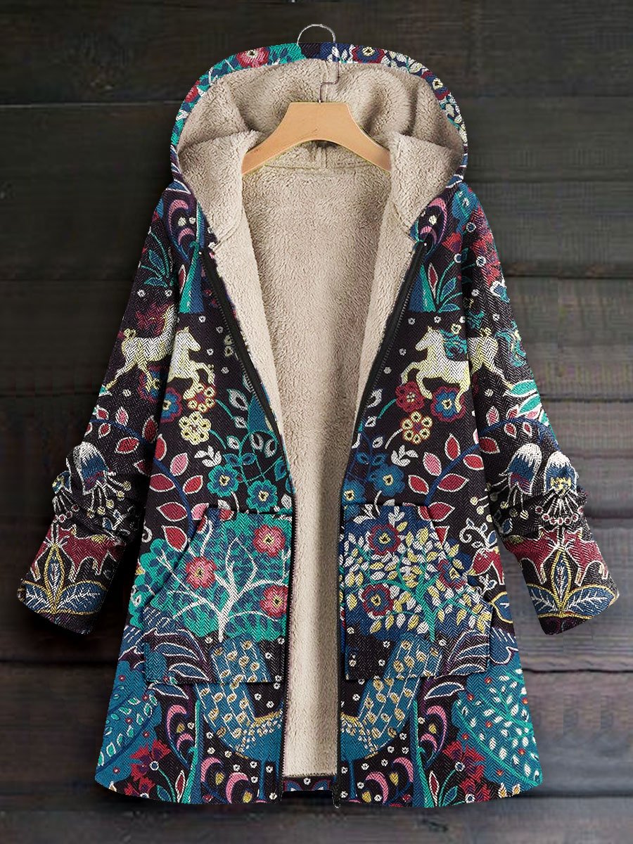 Women's Vintage Forest Animal Art Print Casual Winter Warm Cosy Long Sleeve Fleece Coat