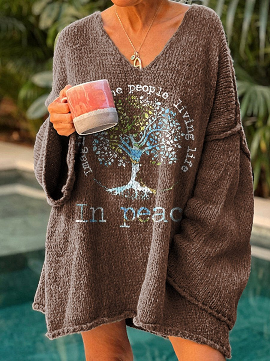 Women's Tree Peace Art Print Casual V-neck Pullover Sweater