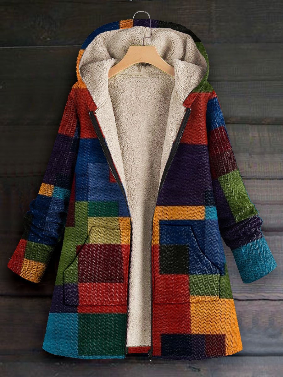 Women's Colour Blocking Art Print Casual Winter Warm Cosy Long Sleeve Fleece Coat