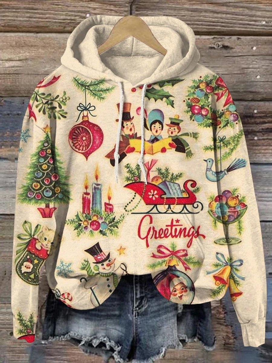 Christmas Retro Pattern Print Casual Hoodie Sweatshirt